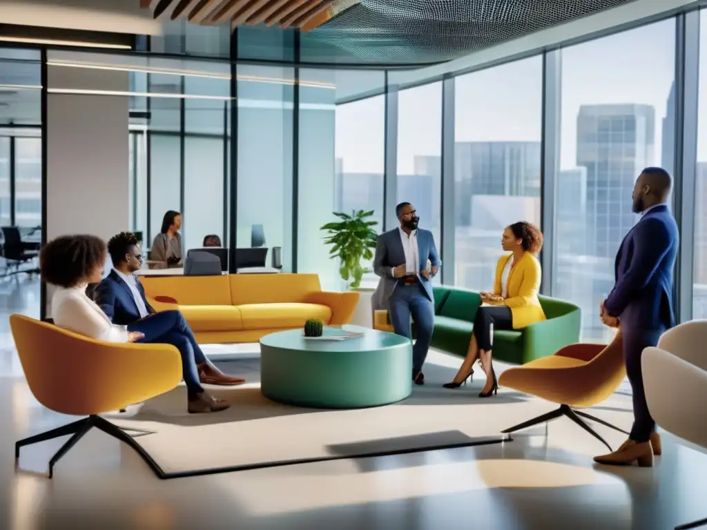 Equipo diverso en oficina moderna y colaborativa Profesionales diversificados colaborando en una oficina moderna
