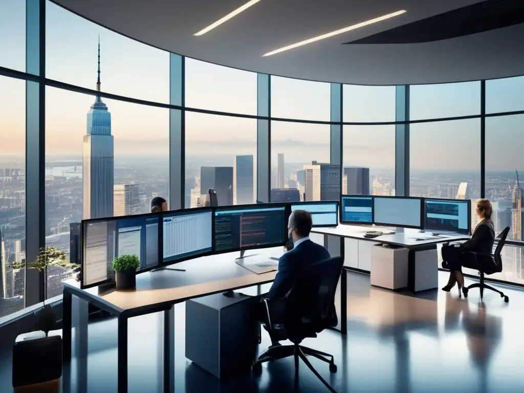 Oficina moderna con profesionales enfocados Profesionales enfocados en noticias y datos financieros en oficina con vista panorámica a la ciudad