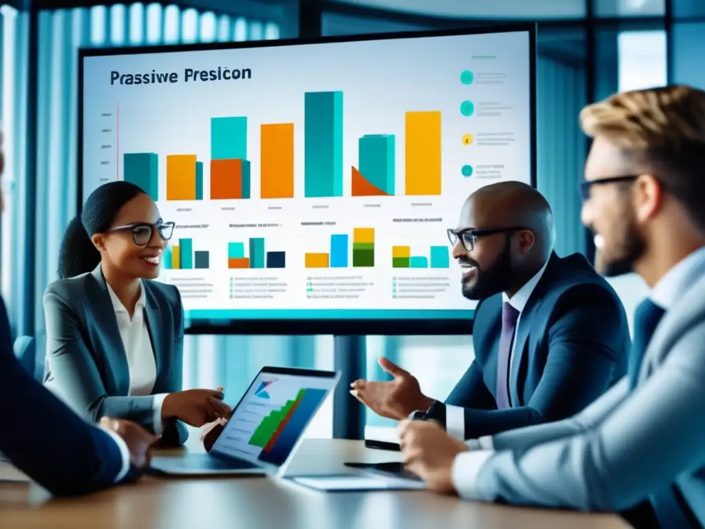 Profesionales discutiendo estrategia de inversión Profesionales discutiendo estrategia de inversión pasiva en oficina moderna