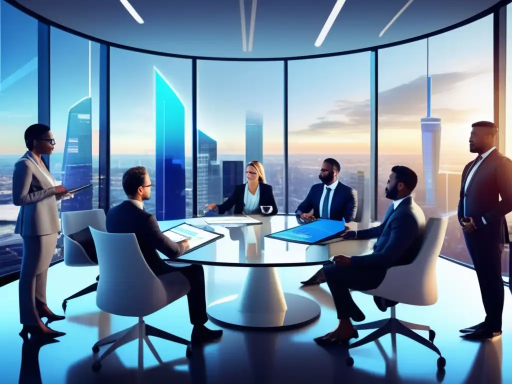 Equipo profesional en reunión estratégica Profesionales discutiendo estrategia de rebalanceo de cartera en oficina moderna con vista panorámica