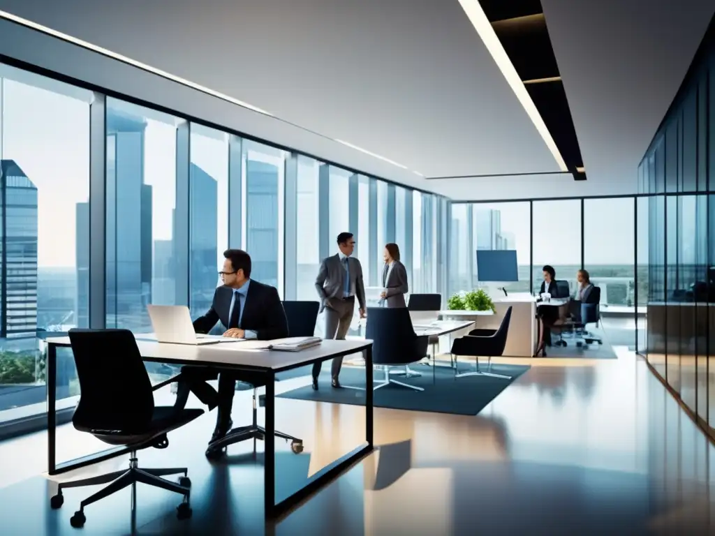 Oficina moderna con profesionales analizando REITs Profesionales analizando estrategias avanzadas para REITs rentables