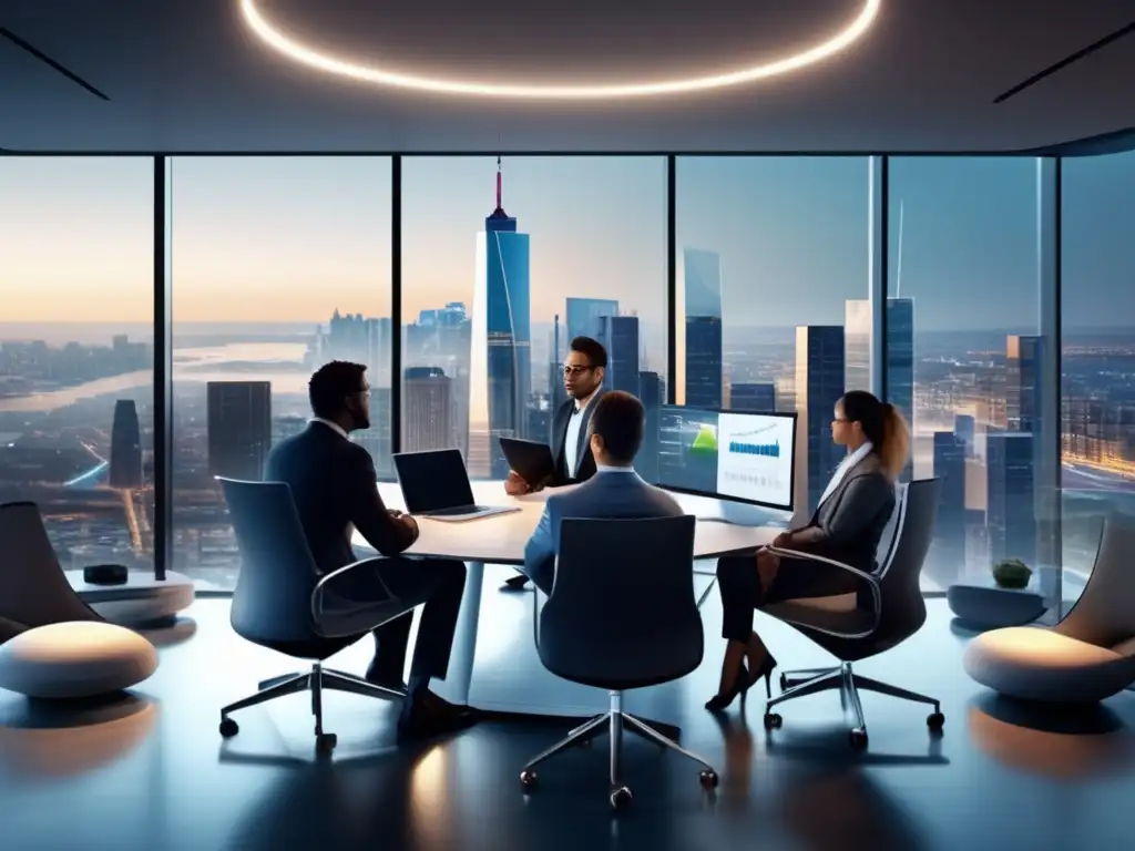 Oficina moderna con vista panorámica Profesionales discutiendo estrategias de inversión a corto plazo en una oficina moderna