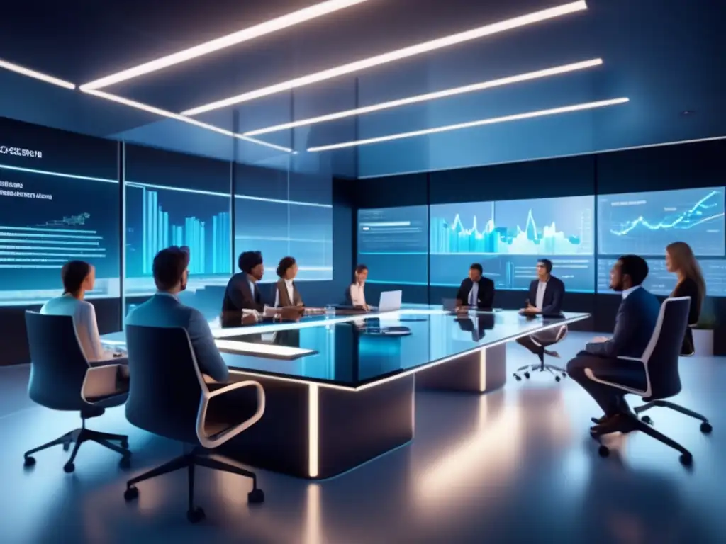 Profesionales innovadores en oficina futurista Profesionales discuten estrategias de inversión en datos masivos en una oficina moderna y futurista