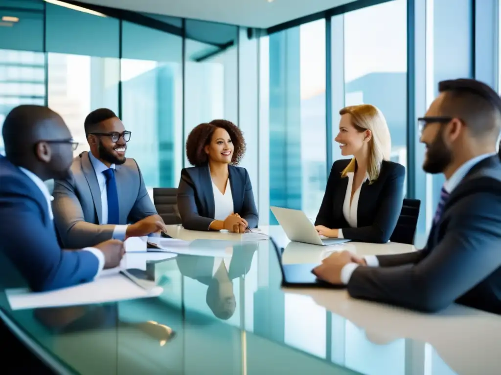Profesionales discutiendo estrategias de inversión Profesionales discutiendo estrategias de inversión, minimizando impacto fiscal en oficina moderna