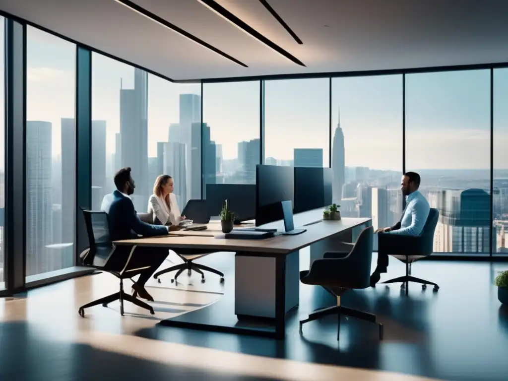 Oficina moderna con profesionales colaborando Profesionales colaborando en estrategias de inversión con muebles minimalistas y vistas panorámicas