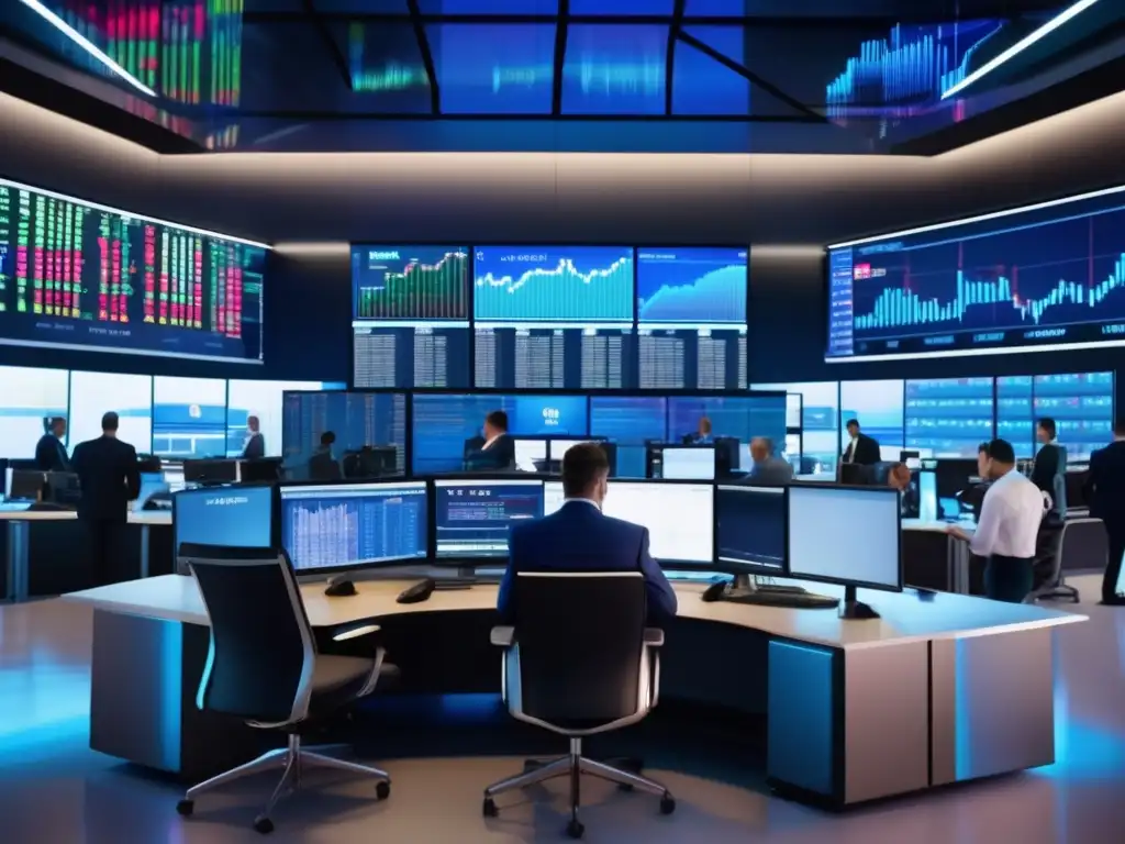 Profesionales financieros analizando el mercado Profesionales financieros analizan el Dow Jones en una moderna sala de operaciones con gráficos y datos en tiempo real