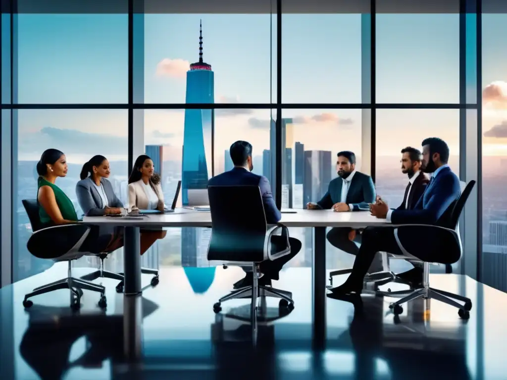 Oficina moderna en ciudad financiera Profesionales analizando gráficos financieros en una moderna oficina en América Latina