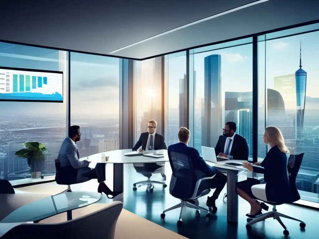 Profesionales analizando plataformas de inversión Profesionales analizando herramientas de inversión inteligente en una moderna oficina con vistas a la ciudad