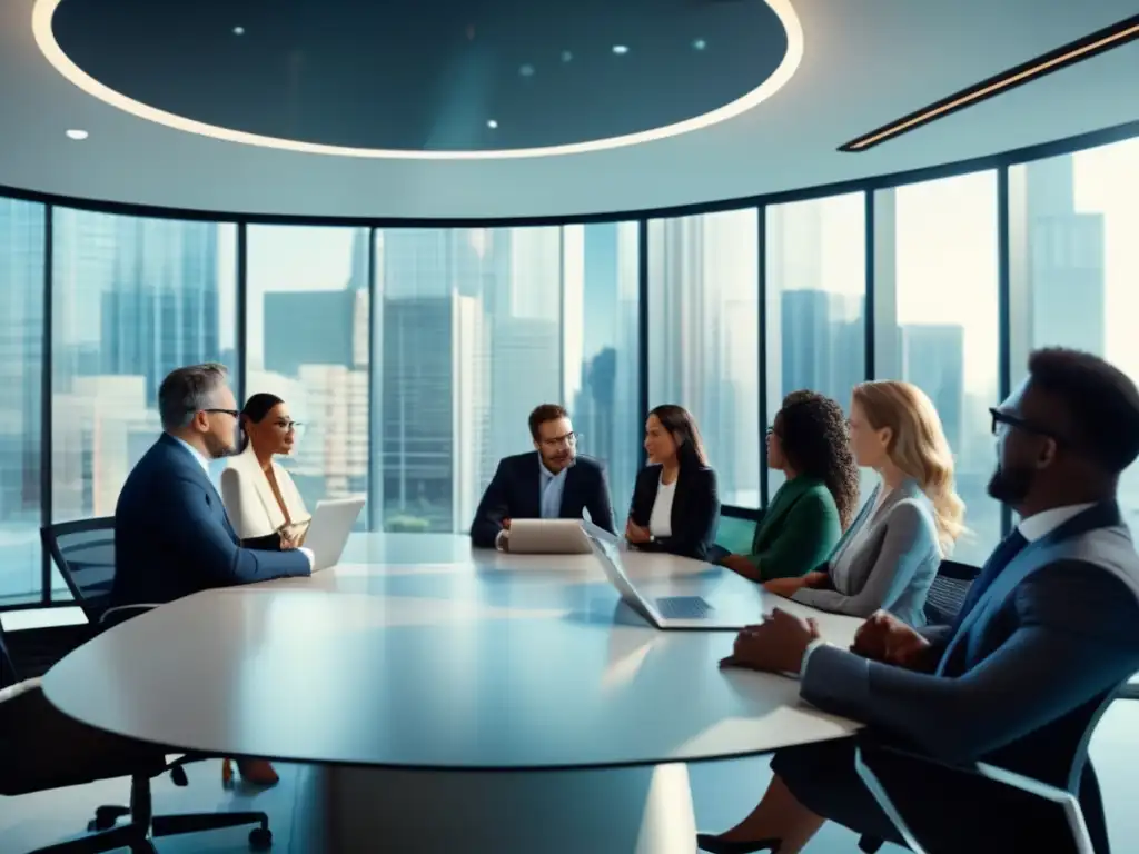 Profesionales discutiendo inversiones y taxes Profesionales discuten impuestos y finanzas en moderna oficina con vista panorámica (110 caracteres)