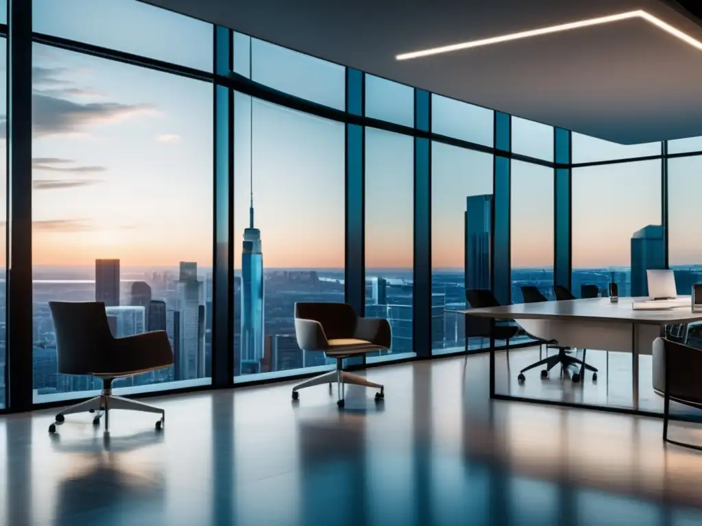 Oficina moderna con vista panorámica de la ciudad Profesionales innovadores en moderna oficina con vista panorámica de la ciudad, colaborando en inversiones alternativas fuera bolsa