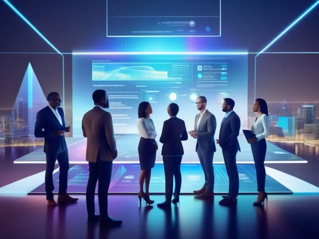 Profesionales analizando inversiones con tecnología holográfica Profesionales analizando inversiones y beneficios del crowdfunding en holograma