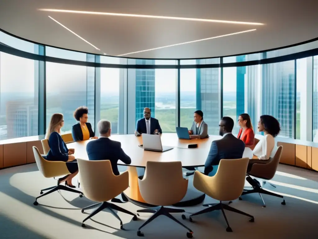 Profesionales discutiendo inversiones éticas Profesionales discutiendo inversiones éticas en sala de reuniones moderna