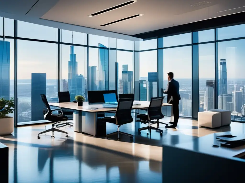 Oficina moderna con profesionales financieros Profesionales en un moderno ambiente financiero, analizando datos y estrategias de inversión - Beneficios de los juegos de inversión