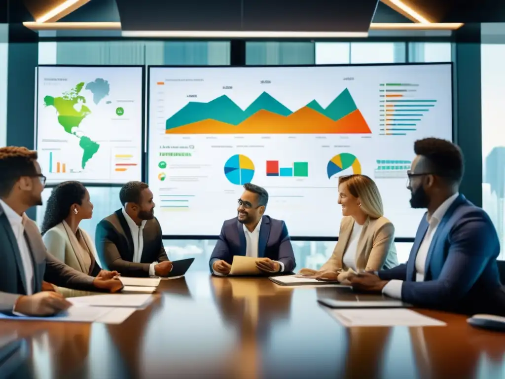 Profesionales internacionales en reunión Profesionales de diferentes nacionalidades en una reunión de negocios en una oficina moderna con documentos legales y gráficos