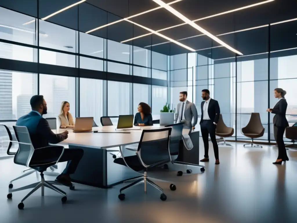 Profesionales colaborando en oficina moderna Profesionales en una oficina moderna discuten y analizan datos en una imagen 8k ultradetallada