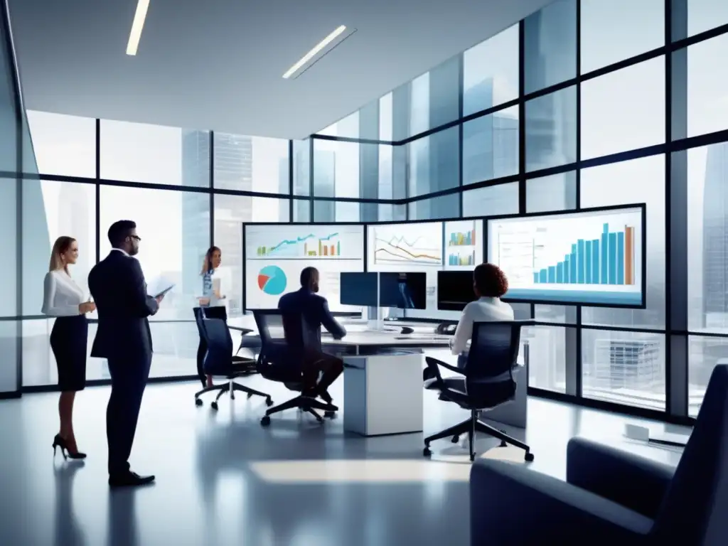 Profesionales en oficina moderna colaborando Profesionales en una oficina moderna analizando datos financieros y compartiendo ideas