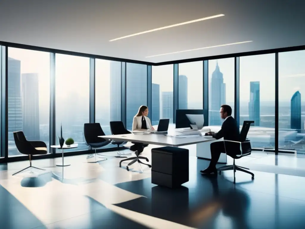 Oficina moderna con profesionales analizando datos Profesionales en oficina moderna analizando documentos financieros con señales de alerta