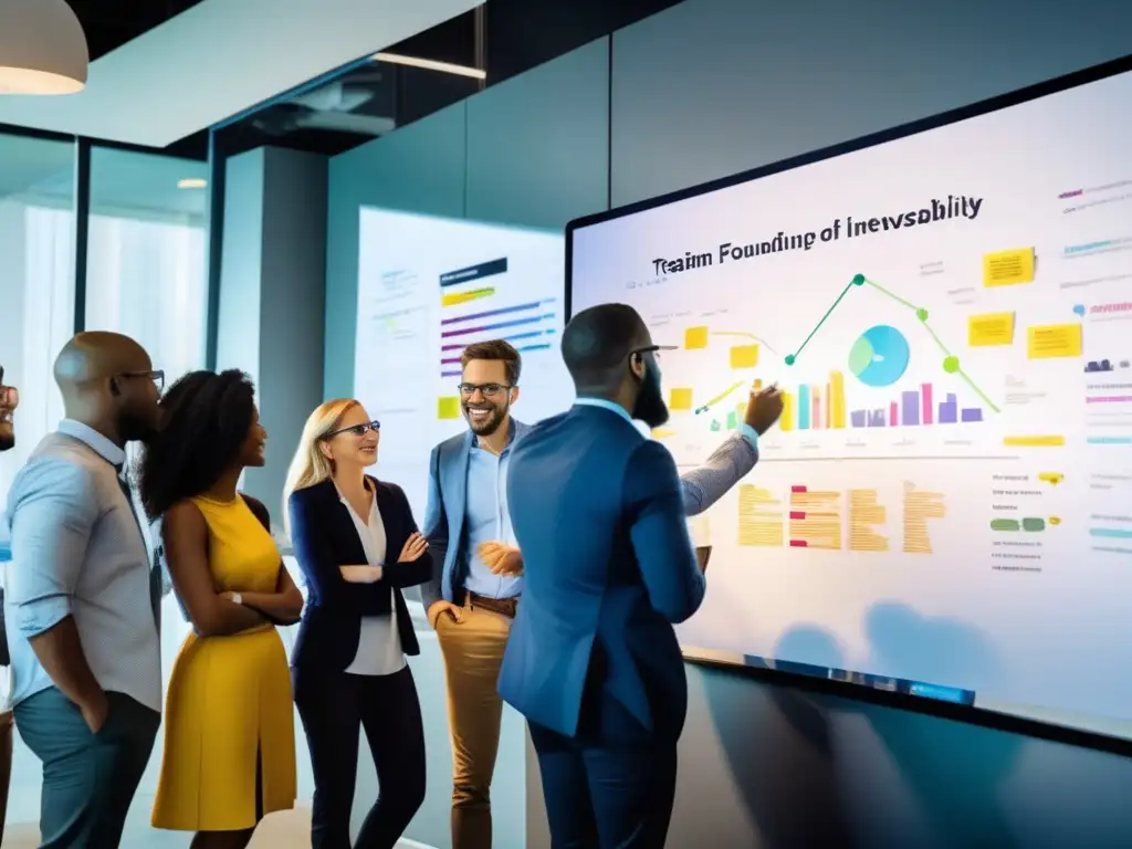 Equipo diverso analizando mercado en oficina moderna Profesionales en oficina moderna analizando estrategias de inversión en startups (110 caracteres)
