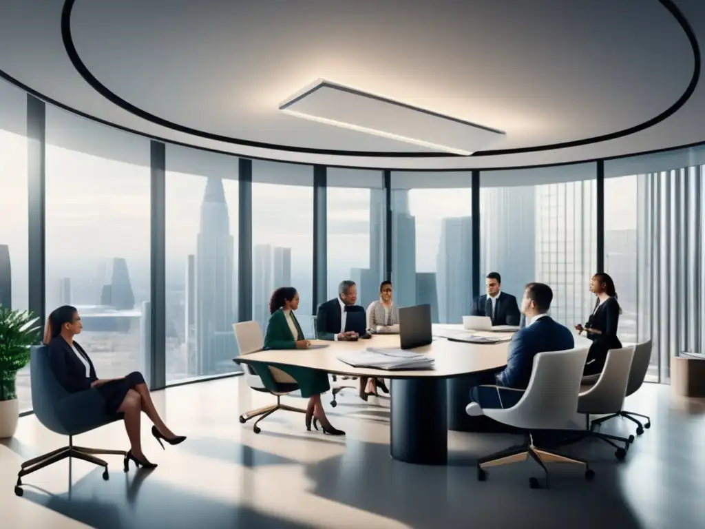 Oficina moderna con profesionales en planificación financiera Profesionales en una oficina moderna discuten estrategias de diversificación fiscal