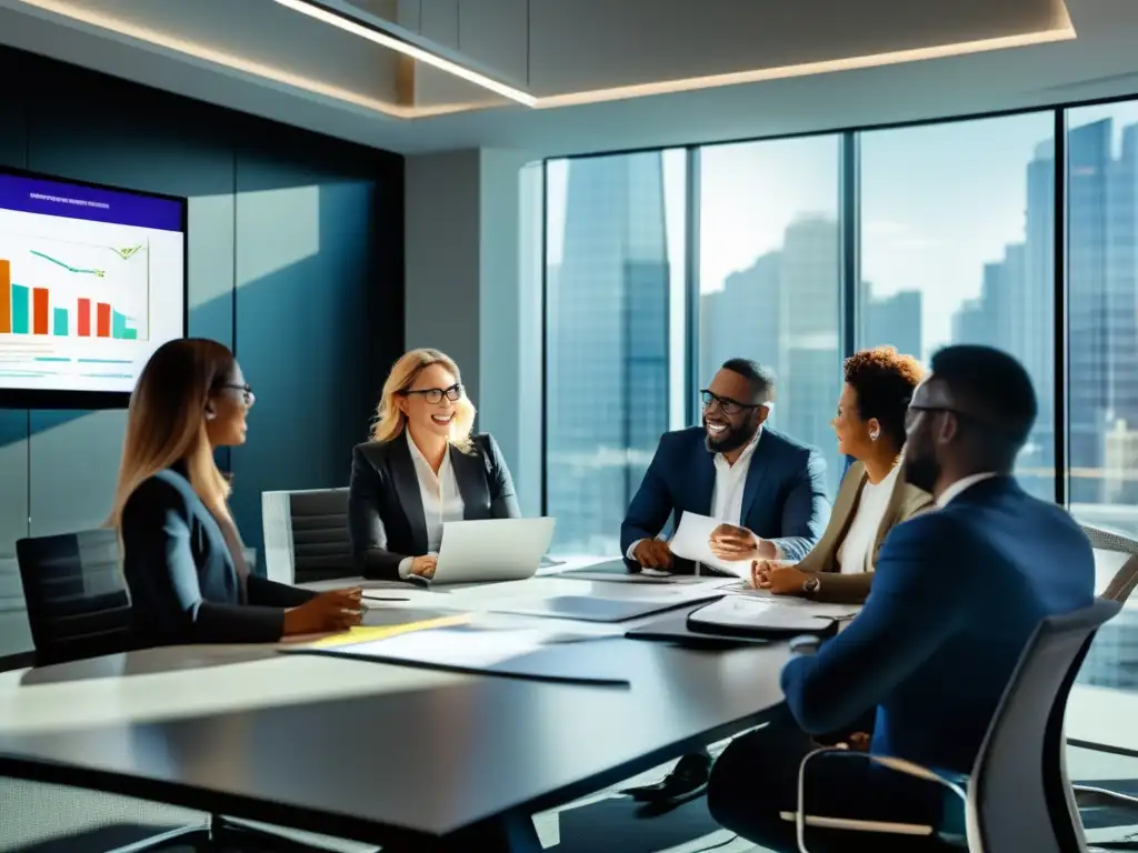 Profesionales colaborando en una oficina moderna Profesionales debatiendo en una oficina moderna e iluminada, símbolo de confianza en plataformas de inversión