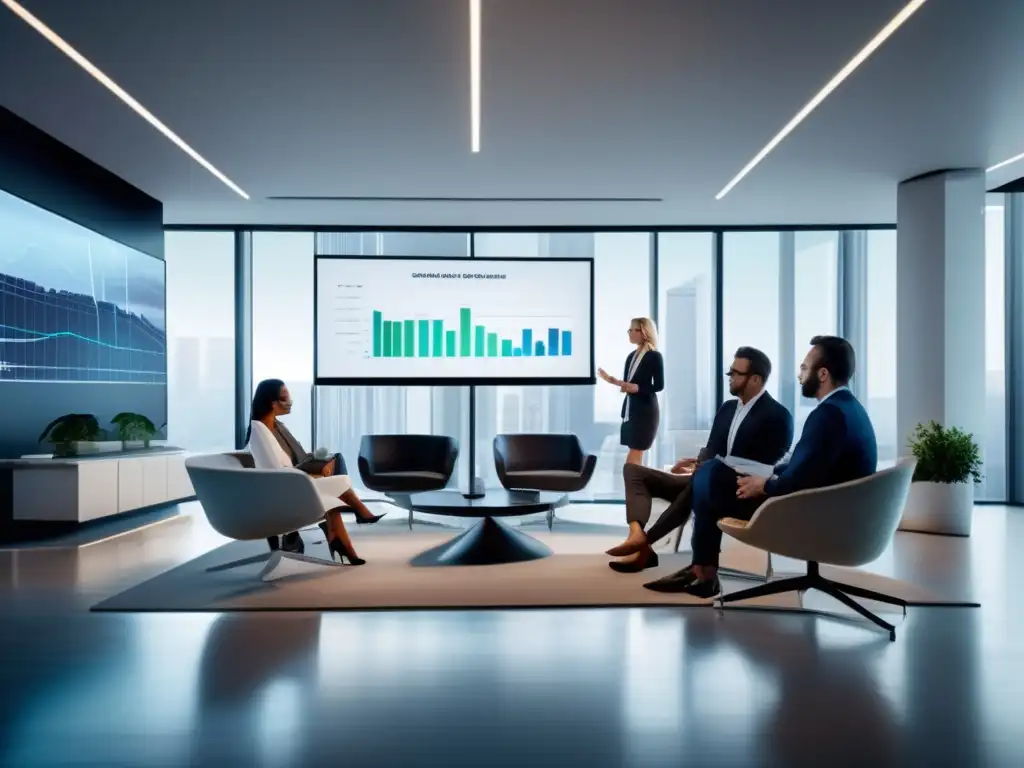 Profesionales innovadores en una oficina moderna Profesionales en una oficina moderna y minimalista analizando datos e invirtiendo con innovación y experiencia