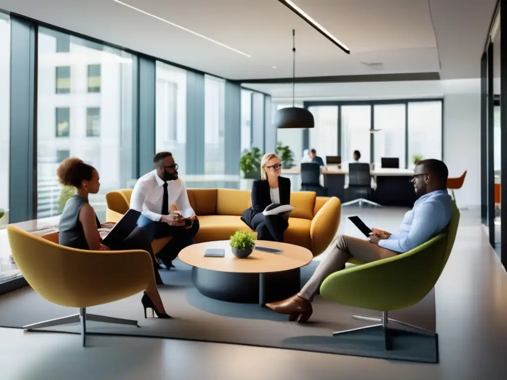 Profesionales en reunión de oficina Profesionales en una oficina moderna discutiendo, con muebles contemporáneos y luz natural