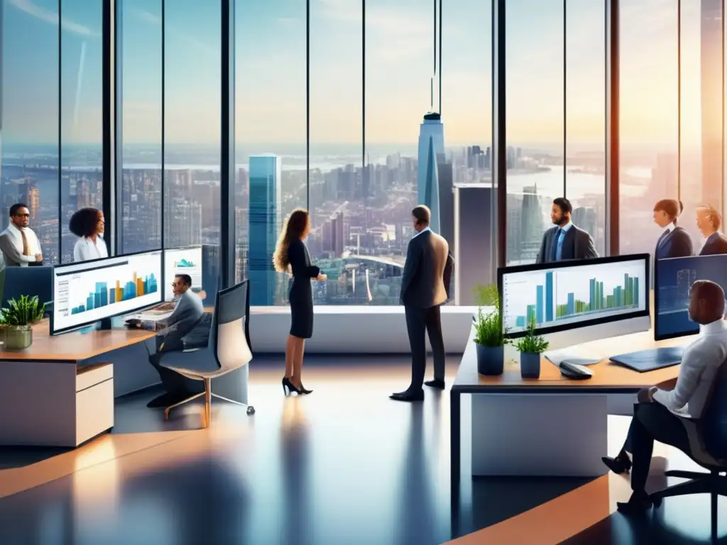 Oficina sostenible: profesionales innovadores en acción Profesionales colaborando en oficina sostenible, beneficios de certificaciones financieras sostenibles