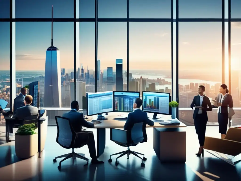 Oficina moderna con vista panorámica de la ciudad Profesionales en oficina con vista panorámica de ciudad - Ciclo de noticias financieras