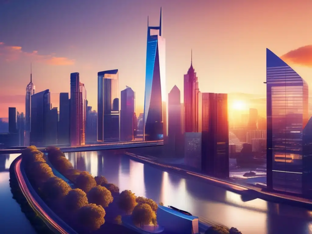 Ciudad moderna al atardecer con profesionales en crowdfunding Profesionales diversos colaboran en proyecto de crowdfunding, reflejando beneficios de inversión