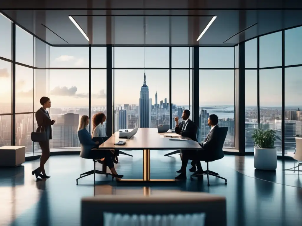 Oficina moderna con vista panorámica de una ciudad vibrante Profesionales analizando riesgos comunes en el sector financiero