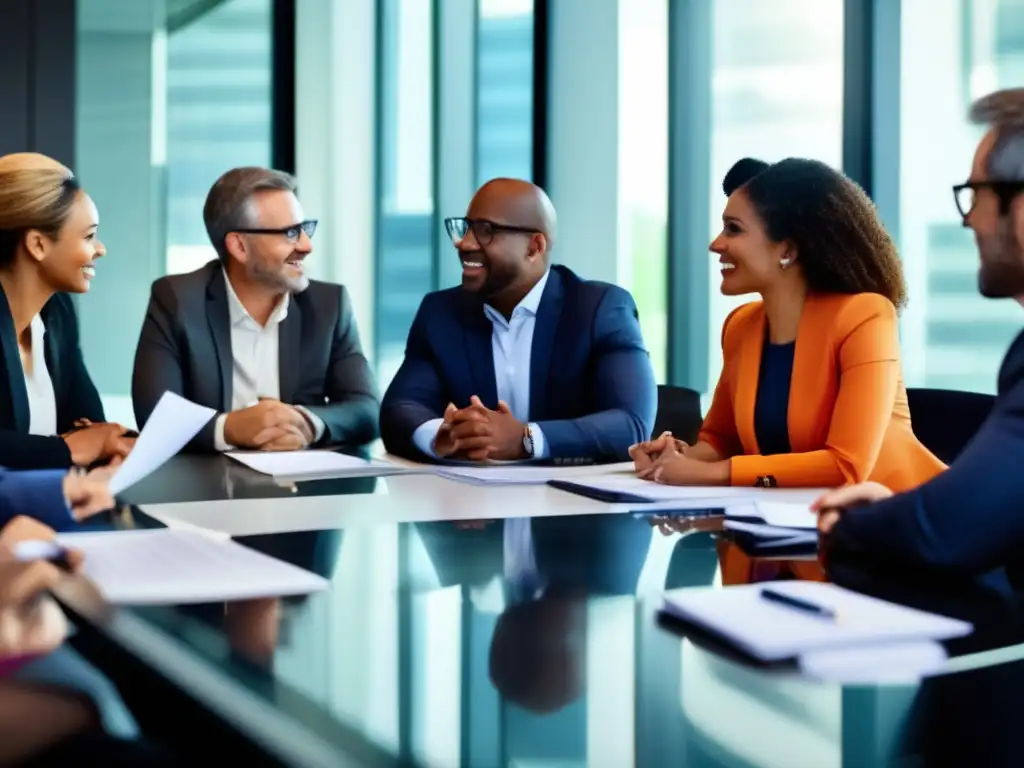 Discusión colaborativa de profesionales diversos Profesionales analizando riesgos y oportunidades en política corporativa: Impacto de inversiones