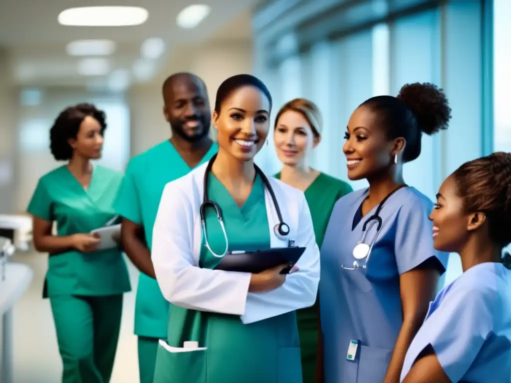 Equipo de profesionales de la salud en hospital moderno Profesionales de la salud en acción: diversidad y colaboración en un entorno moderno de hospital