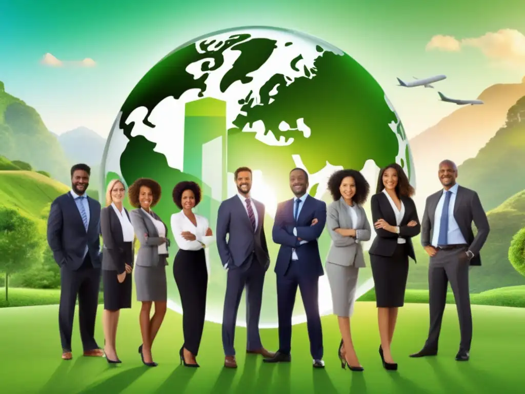 Profesionales en paisaje verde con globos Profesionales seguros y determinados frente a un paisaje verde, simbolizando certificaciones de triple balance garantizan rentabilidad