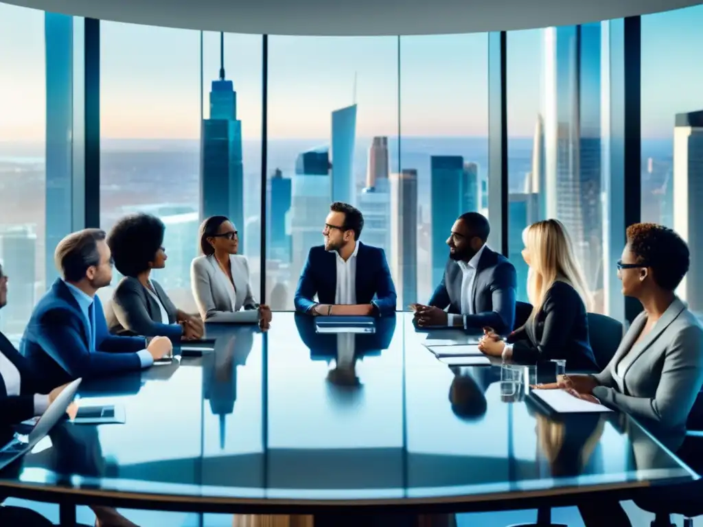 Grupo diverso de inversores profesionales discutiendo en una sala moderna Profesionales de inversión discutiendo sesgo de endogrupo en una sala con vista panorámica