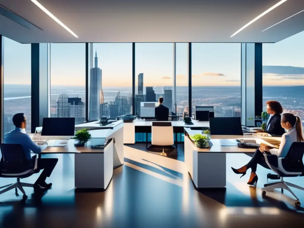 Oficina moderna con profesionales trabajando colaborativamente Profesionales trabajando con software de inversión pasiva optimizada