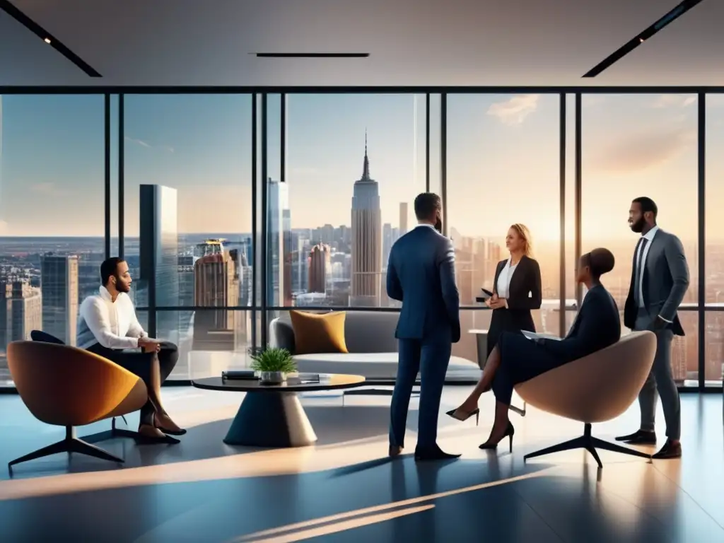 Oficina moderna con vista panorámica de la ciudad Profesionales discutiendo tácticas fiscales para inversionistas