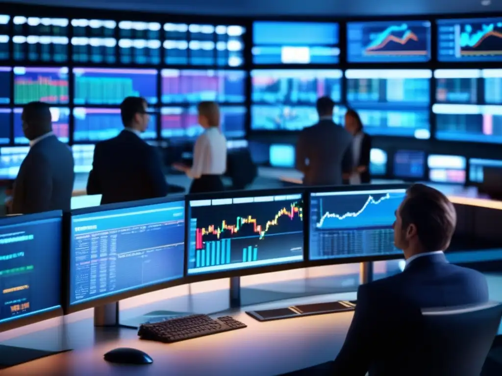 Profesionales en una sala de trading con tecnología avanzada Profesionales en trading con herramienta StopLoss: inversiones seguras