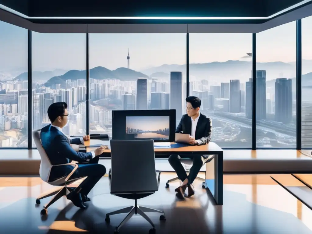 Oficina moderna con profesionales analizando criptomonedas Profesionales analizando criptoregulación en Corea del Sur
