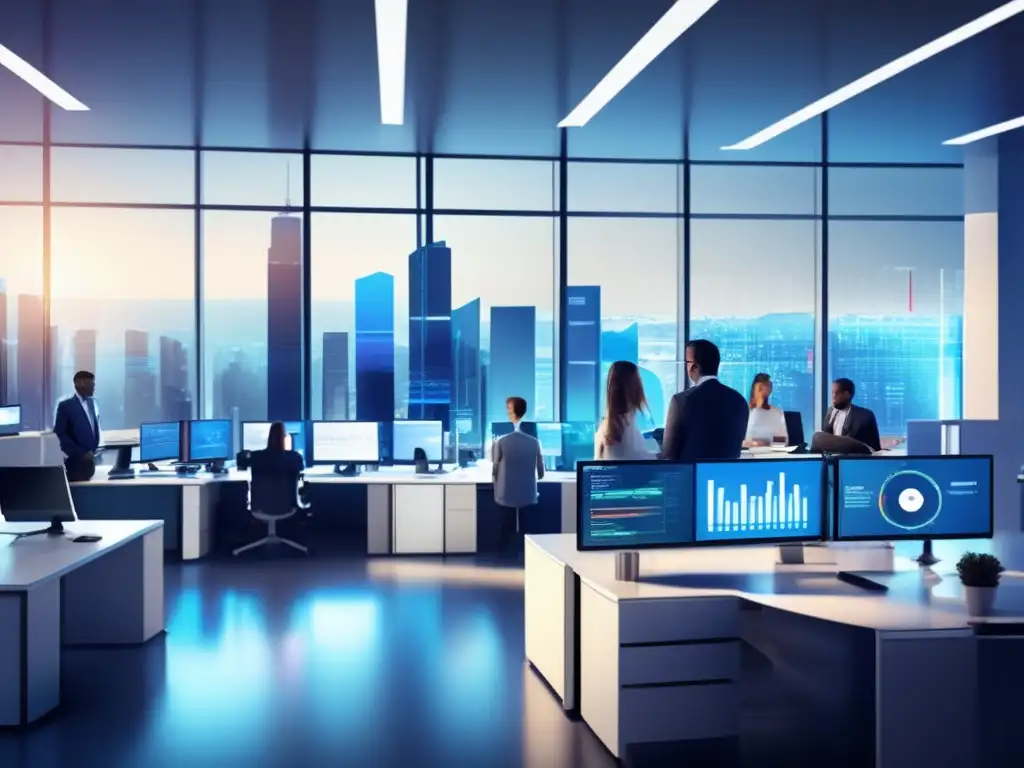 Oficina moderna con profesionales en actividades de inversión Profesionalismo e innovación en oficina con personas diversas realizando actividades de inversión