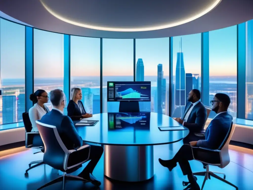Sala de conferencias financiera moderna Programa de capacitación para inversores financieros exitosos en una moderna sala de conferencias con vistas a la ciudad