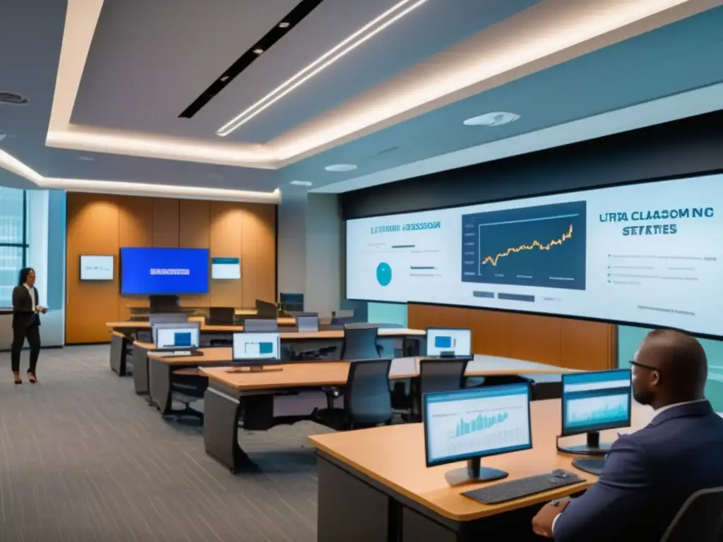 Aula moderna con tecnología y estudiantes profesionales Programa de capacitación para inversores financieros exitosos en aula moderna con tecnología avanzada y estudiantes participando activamente