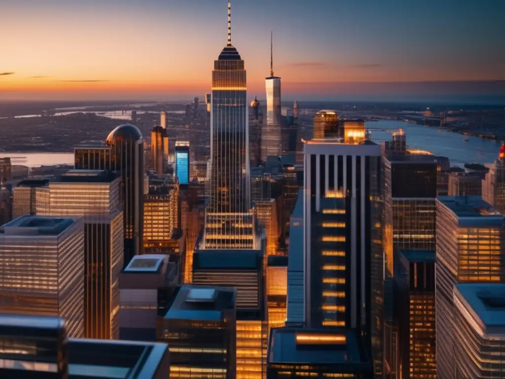 Distrito financiero moderno al atardecer Programa de certificación financiera elite: Vista panorámica moderna de un distrito financiero con rascacielos de vidrio y profesionales en movimiento