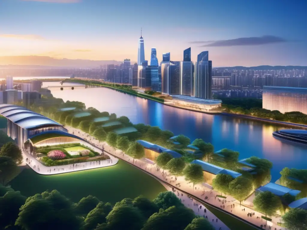 Ciudad moderna al atardecer con propiedades destacadas Propiedad en ciudad con skyline moderno y vibrante, rodeada de parque y río