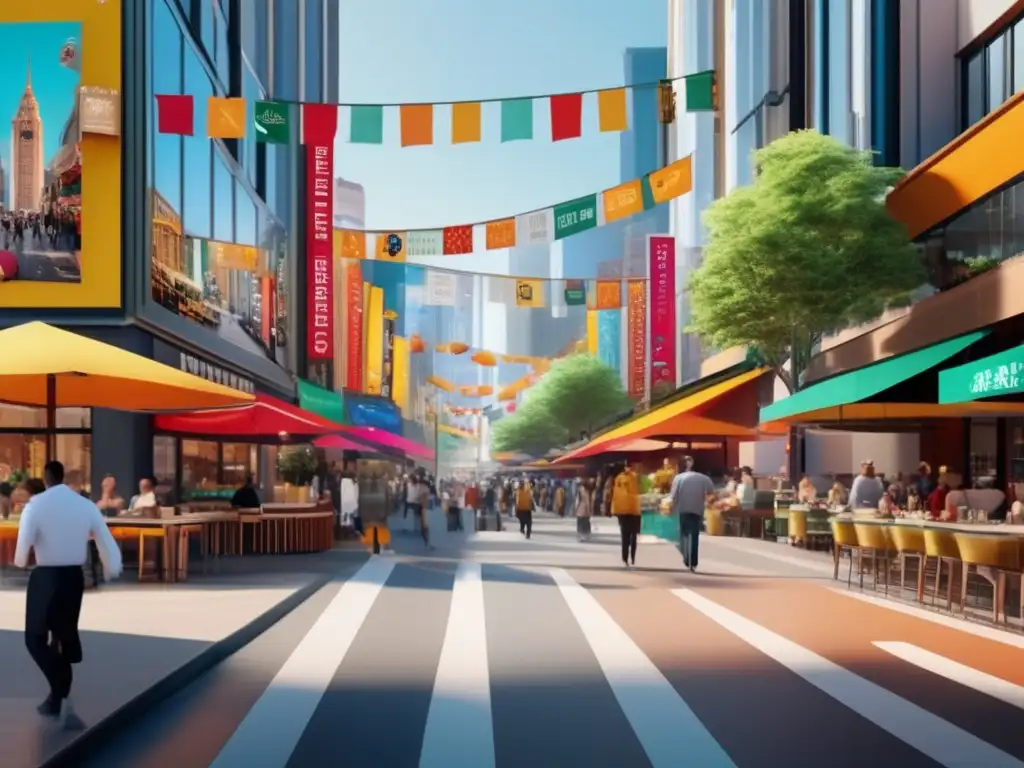 Calle comercial animada con restaurantes y tiendas Propiedad comercial ideal ubicación: Calle de la ciudad llena de restaurantes y cafeterías vibrantes, con gente disfrutando de comidas al aire libre