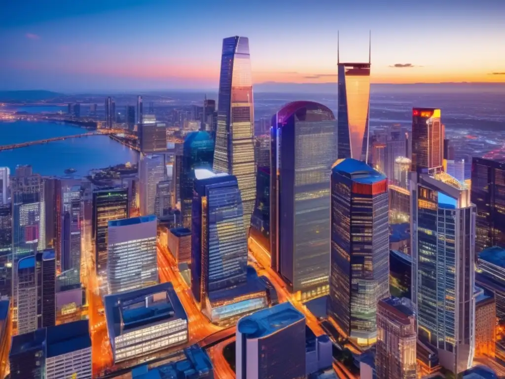Ciudad moderna al atardecer Propiedad comercial ideal ubicación: ciudad vibrante con rascacielos modernos y transporte accesible
