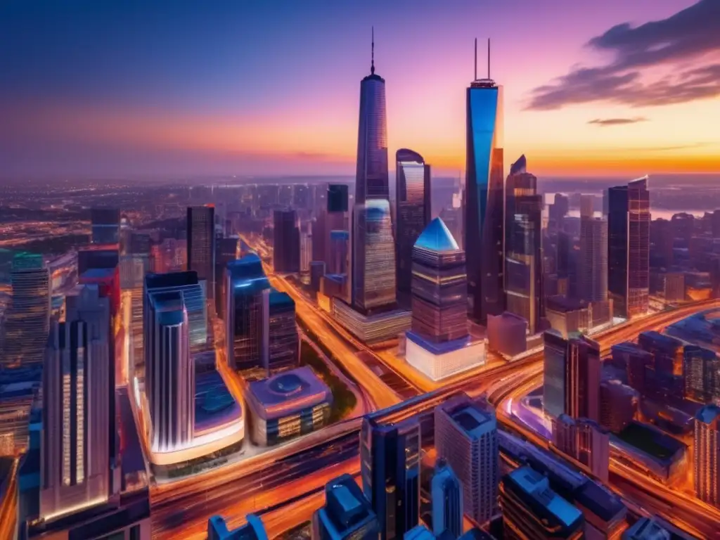 Ciudad vibrante al atardecer Propiedad comercial ideal ubicación: ciudad vibrante al atardecer con rascacielos iluminados y tráfico dinámico