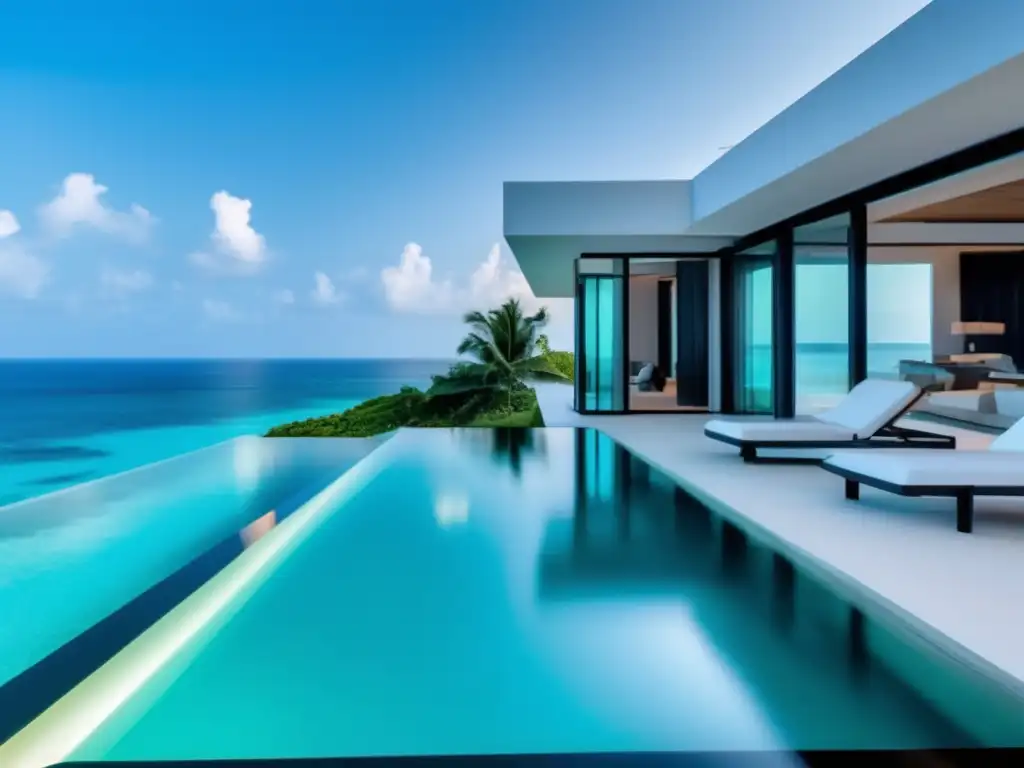 Hermosa villa de lujo frente a la playa Propiedad vacacional inversión: Imagen 8k muestra villa lujosa frente al mar con arquitectura moderna, piscina infinita y belleza natural