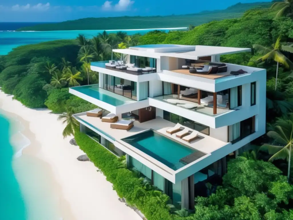 Exclusiva propiedad vacacional frente a la playa Propiedad vacacional de lujo con vista aérea y diseño arquitectónico moderno