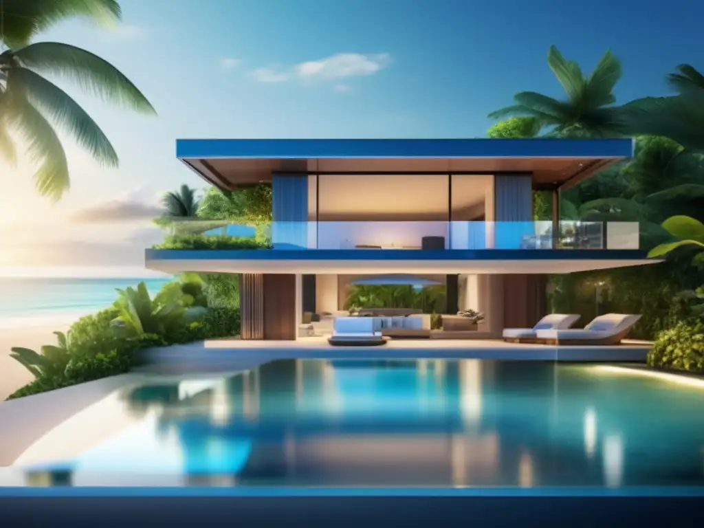 Casa de lujo en la playa Propiedad vacacional de lujo con vista panorámica al océano y piscina infinita rodeada de jardines tropicales
