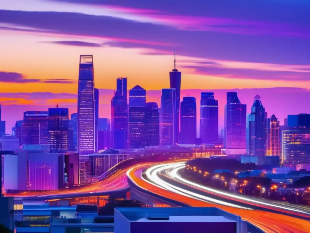 Ciudad moderna con rascacielos al atardecer Propiedades comerciales: Ciudad vibrante al atardecer, con edificios modernos y energía urbana
